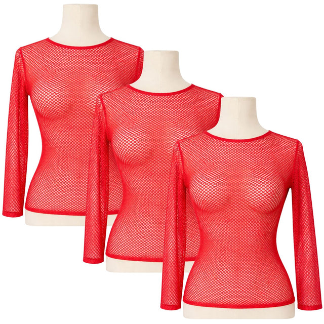 3x Womens Red Fishnet Mesh Long Sleeve Sheer Top Bulk Pack - See Through Party Costume