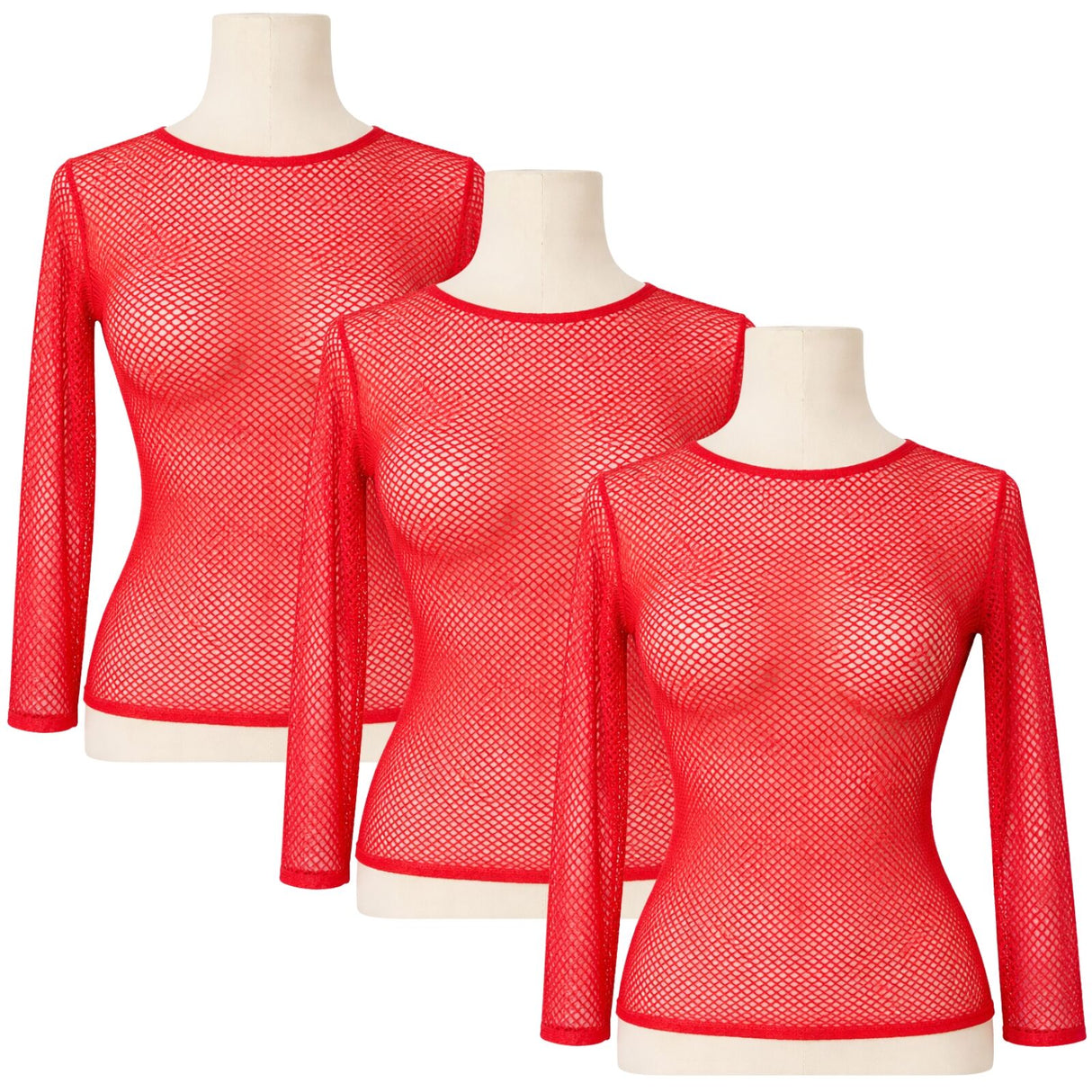 3x Womens Red Fishnet Mesh Long Sleeve Sheer Top Bulk Pack - See Through Party Costume
