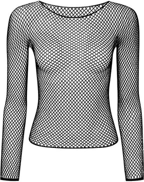 LONG SLEEVE FISHNET TOP Blouse T Shirt Tee Costume Party See Through - Fluro Orange