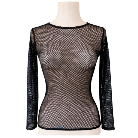 Womens Black Fishnet Mesh Long Sleeve Sheer Top - See Through Party Costume