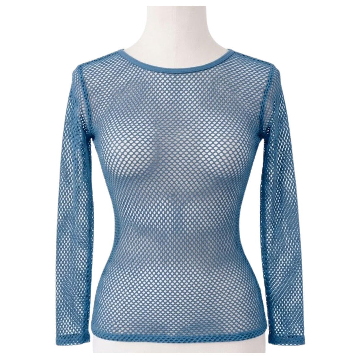 Womens Blue Fishnet Mesh Long Sleeve Sheer Top - See Through Party Costume