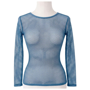 Womens Blue Fishnet Mesh Long Sleeve Sheer Top - See Through Party Costume