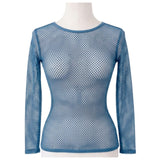 Womens Blue Fishnet Mesh Long Sleeve Sheer Top - See Through Party Costume