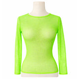 Womens Fluro Green Fishnet Mesh Long Sleeve Sheer Top - See Through Party Costume