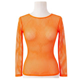 Womens Fluro Orange Fishnet Mesh Long Sleeve Sheer Top - See Through Party Costume