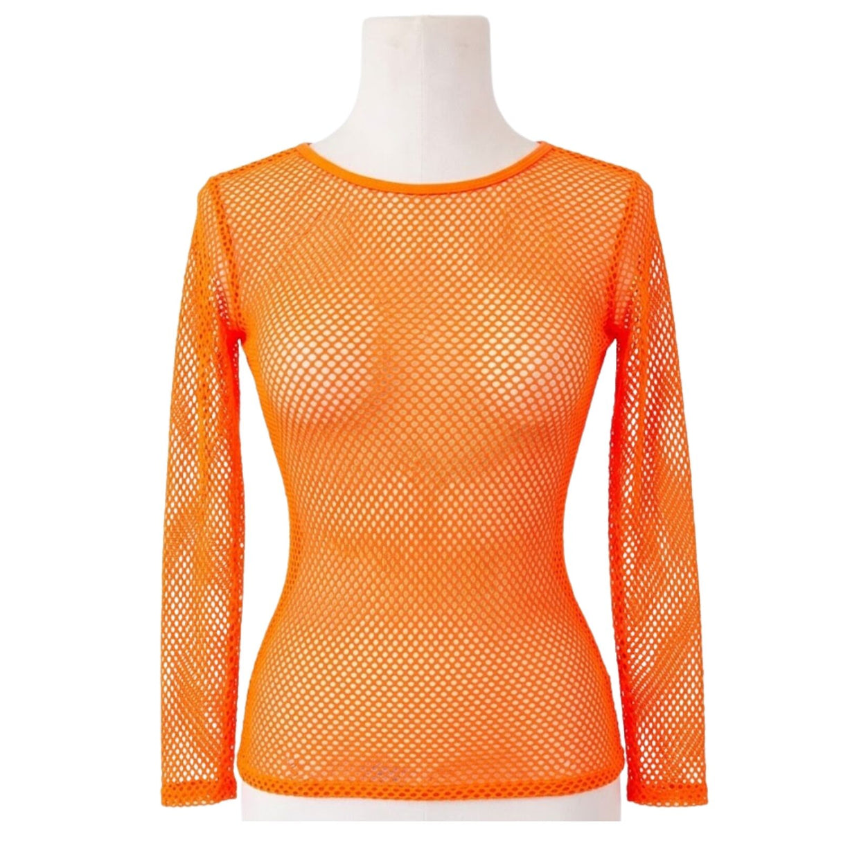 Womens Fluro Orange Fishnet Mesh Long Sleeve Sheer Top - See Through Party Costume
