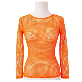 Womens Fluro Orange Fishnet Mesh Long Sleeve Sheer Top - See Through Party Costume