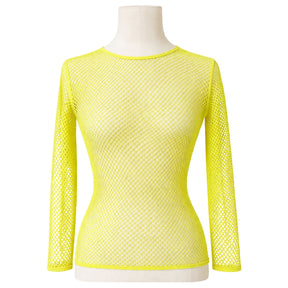 Womens Fluro Yellow Fishnet Mesh Long Sleeve Sheer Top - See Through Party Costume