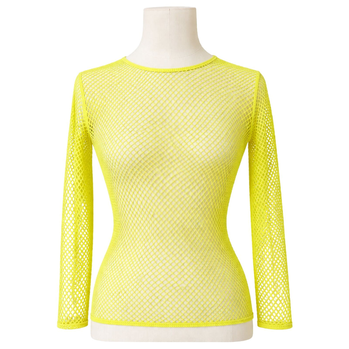 Womens Fluro Yellow Fishnet Mesh Long Sleeve Sheer Top - See Through Party Costume