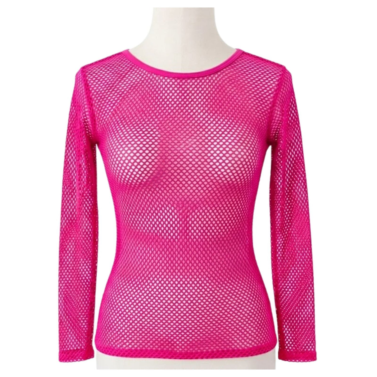 Womens Hot Pink Fishnet Mesh Long Sleeve Sheer Top - See Through Party Costume