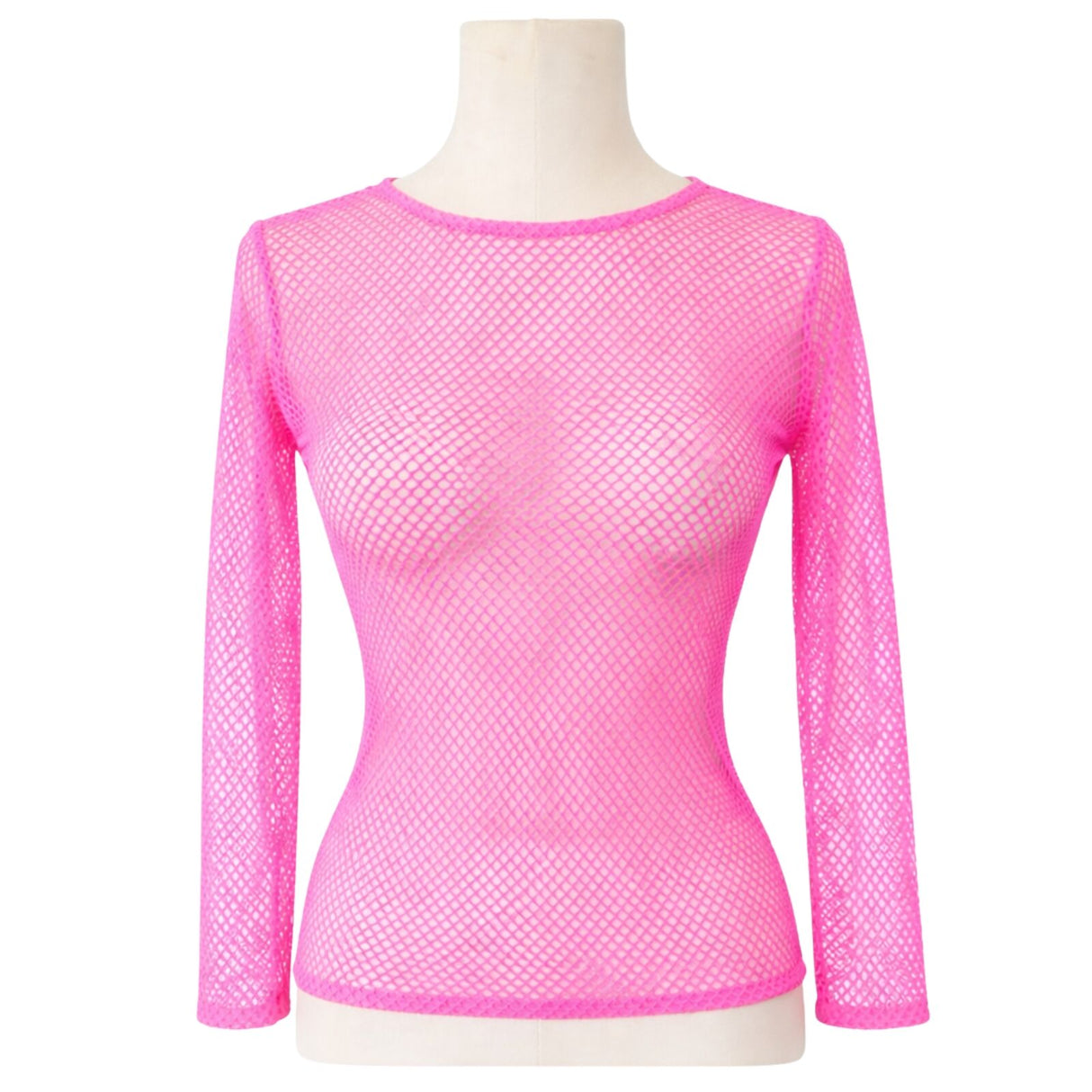 Womens Light Pink Fishnet Mesh Long Sleeve Sheer Top - See Through Party Costume