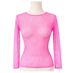 Womens Light Pink Fishnet Mesh Long Sleeve Sheer Top - See Through Party Costume