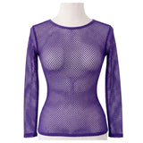 Womens Purple Fishnet Mesh Long Sleeve Sheer Top - See Through Party Costume