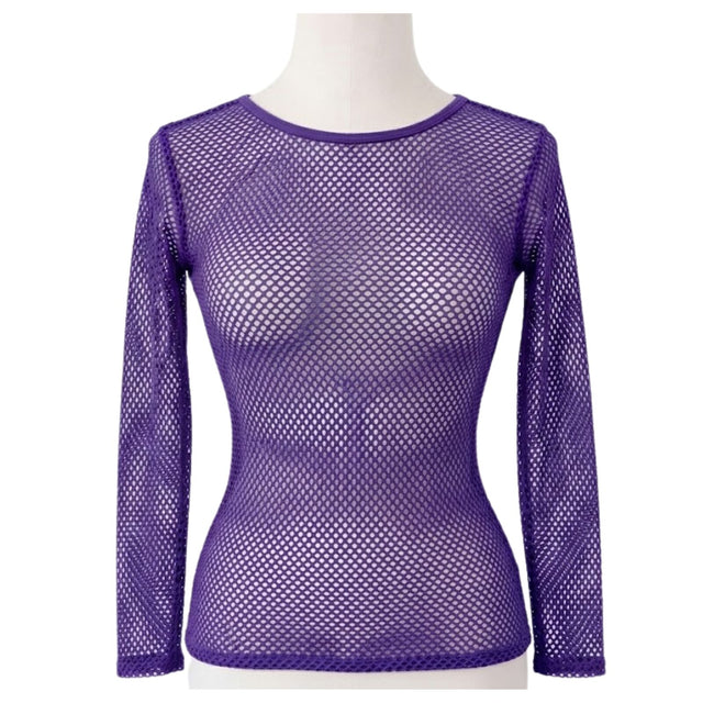 Womens Purple Fishnet Mesh Long Sleeve Sheer Top - See Through Party Costume