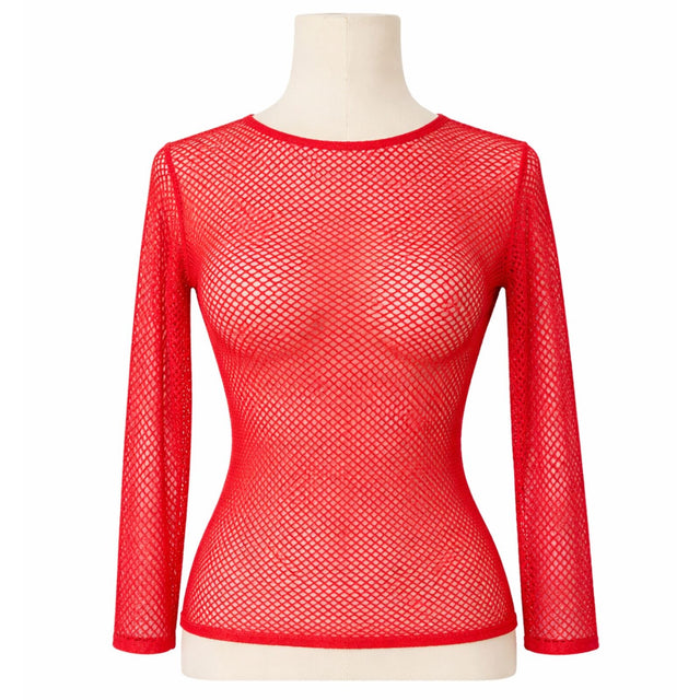 Womens Red Fishnet Mesh Long Sleeve Sheer Top - See Through Party Costume