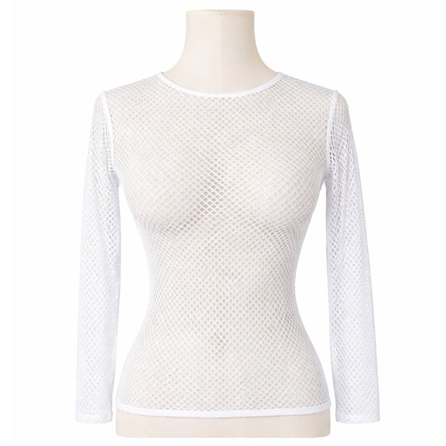 Womens White Fishnet Mesh Long Sleeve Sheer Top - See Through Party Costume
