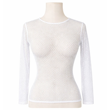 Womens White Fishnet Mesh Long Sleeve Sheer Top - See Through Party Costume