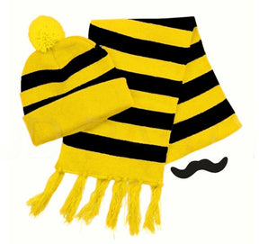 Tigers Beanie & Scarf Set - Black/Yellow Stripe w/ Moustache  (Warm Winter Party Costume)