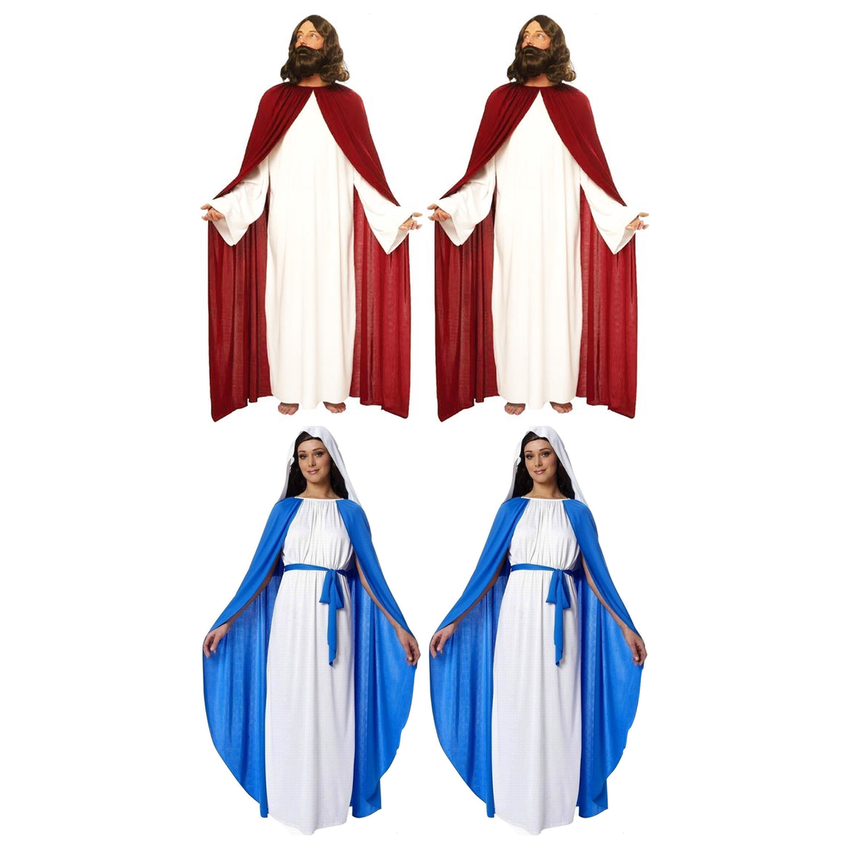 Jesus & Mary Group Costume Set - 2x Jesus Holy Robe + 2x Virgin Mary (Nativity, Halloween & Fancy Dress)