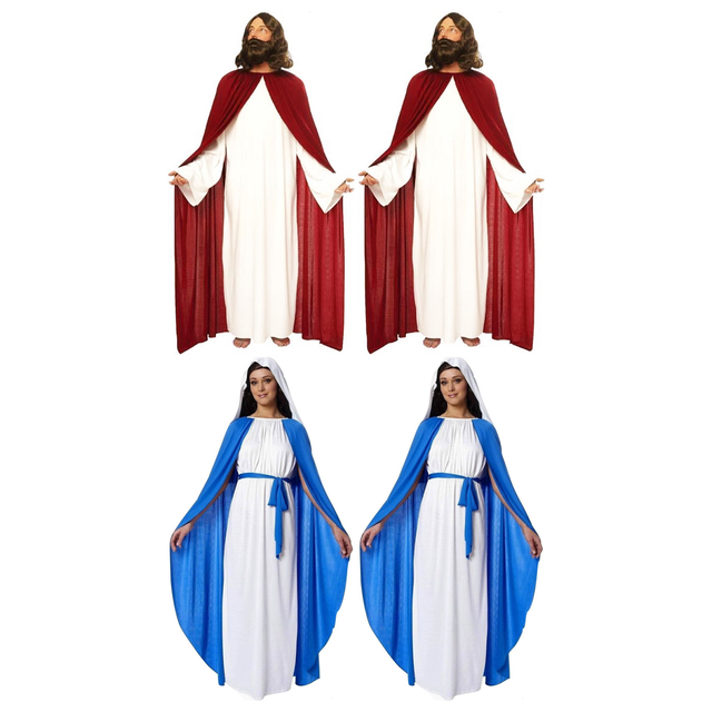 Jesus & Mary Group Costume Set - 2x Jesus Holy Robe + 2x Virgin Mary (Nativity, Halloween & Fancy Dress)