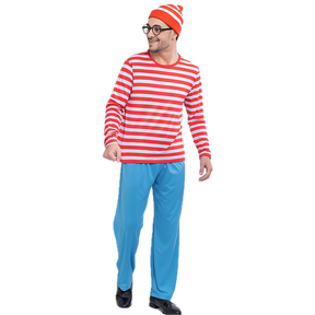 Mens Red & White Stripe COSTUME FULL SET Party Hat Shirt Top Pants Book Week Halloween