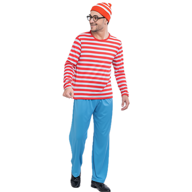 Mens Red & White Stripe COSTUME FULL SET Party Hat Shirt Top Pants Book Week Halloween