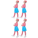 4x Girls Red & White Stripe Costume Full Set Bulk Pack - Hat, Shirt & Pants (Kids Book Week & Halloween Fancy Dress)