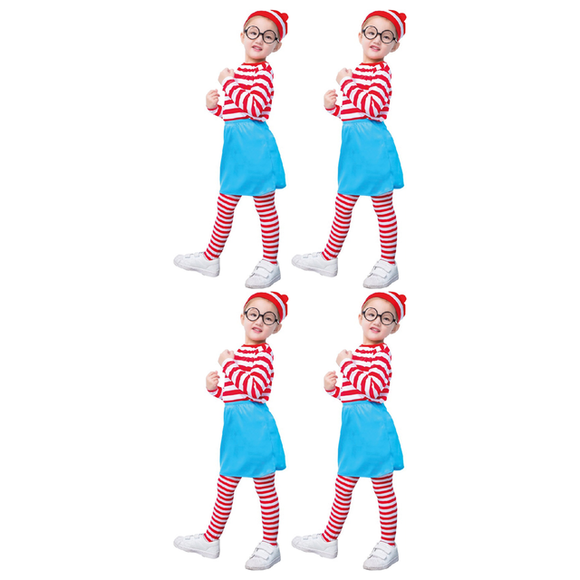 4x Girls Red & White Stripe Costume Full Set Bulk Pack - Hat, Shirt & Pants (Kids Book Week & Halloween Fancy Dress)