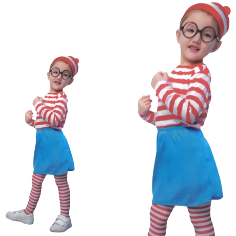 Kids Wheres Wally COSTUME FULL SET Party Hat Shirt Top Pants Girls Book Week