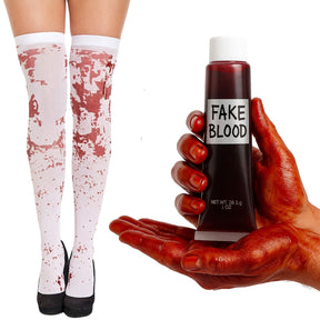 Bloody Over-Knee White Socks + Fake Blood Gel Set - Zombie/Vampire (Halloween & Party)