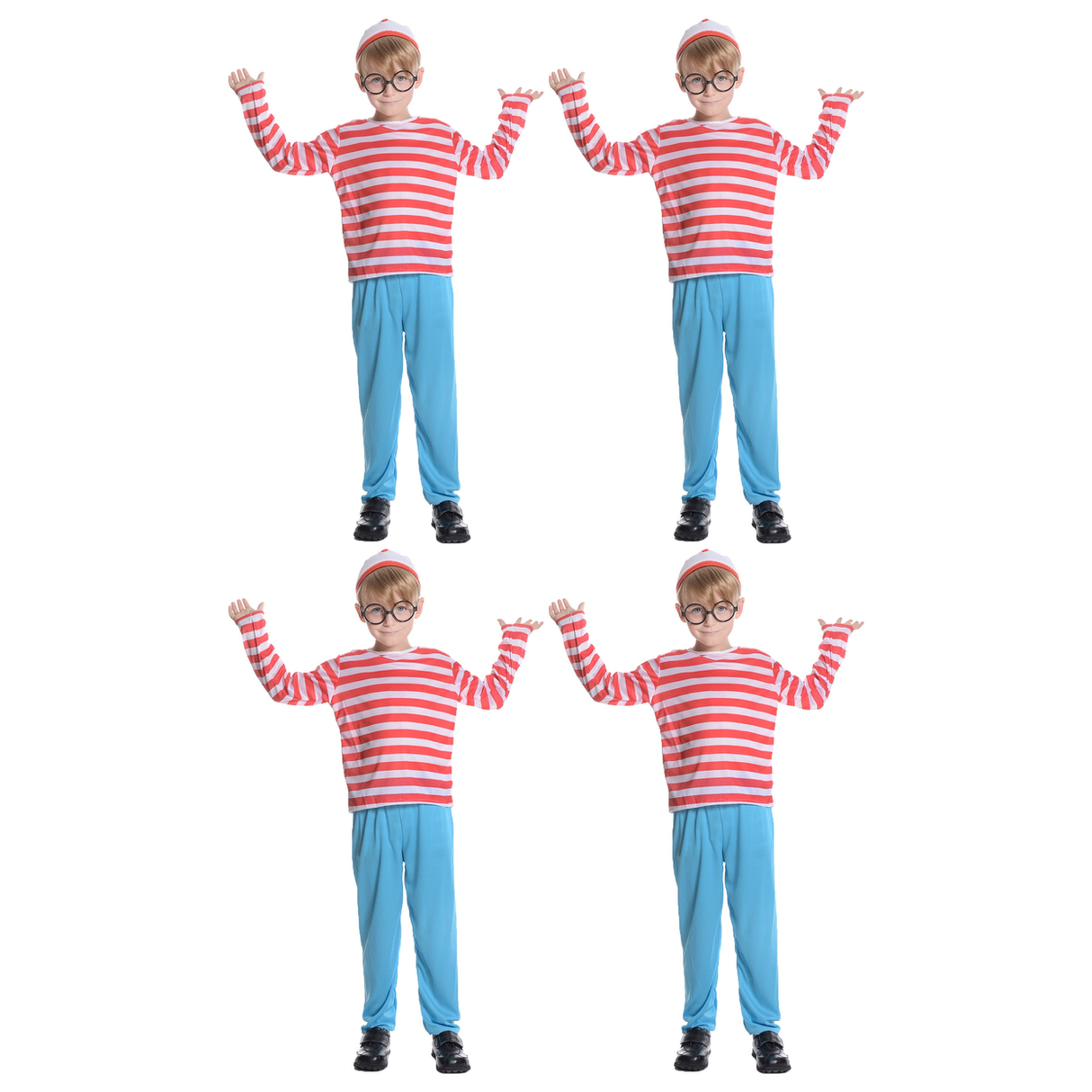 4x Boys Red & White Stripe Costume Full Set Bulk Pack - Hat, Shirt & Pants (Kids Book Week & Halloween Fancy Dress)