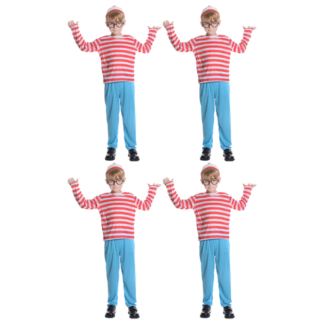4x Boys Red & White Stripe Costume Full Set Bulk Pack - Hat, Shirt & Pants (Kids Book Week & Halloween Fancy Dress)