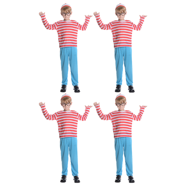 4x Boys Red & White Stripe Costume Full Set Bulk Pack - Hat, Shirt & Pants (Kids Book Week & Halloween Fancy Dress)