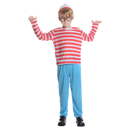 Kids Red & White Stripe Costume Full Set Party Hat Shirt Top Pants Boys Book Week Halloween - Small