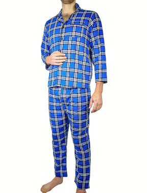 Jacksmith Mens Flannelette Pyjama Set - Blue (100% Cotton Two-Piece Long Sleeve Soft PJs)