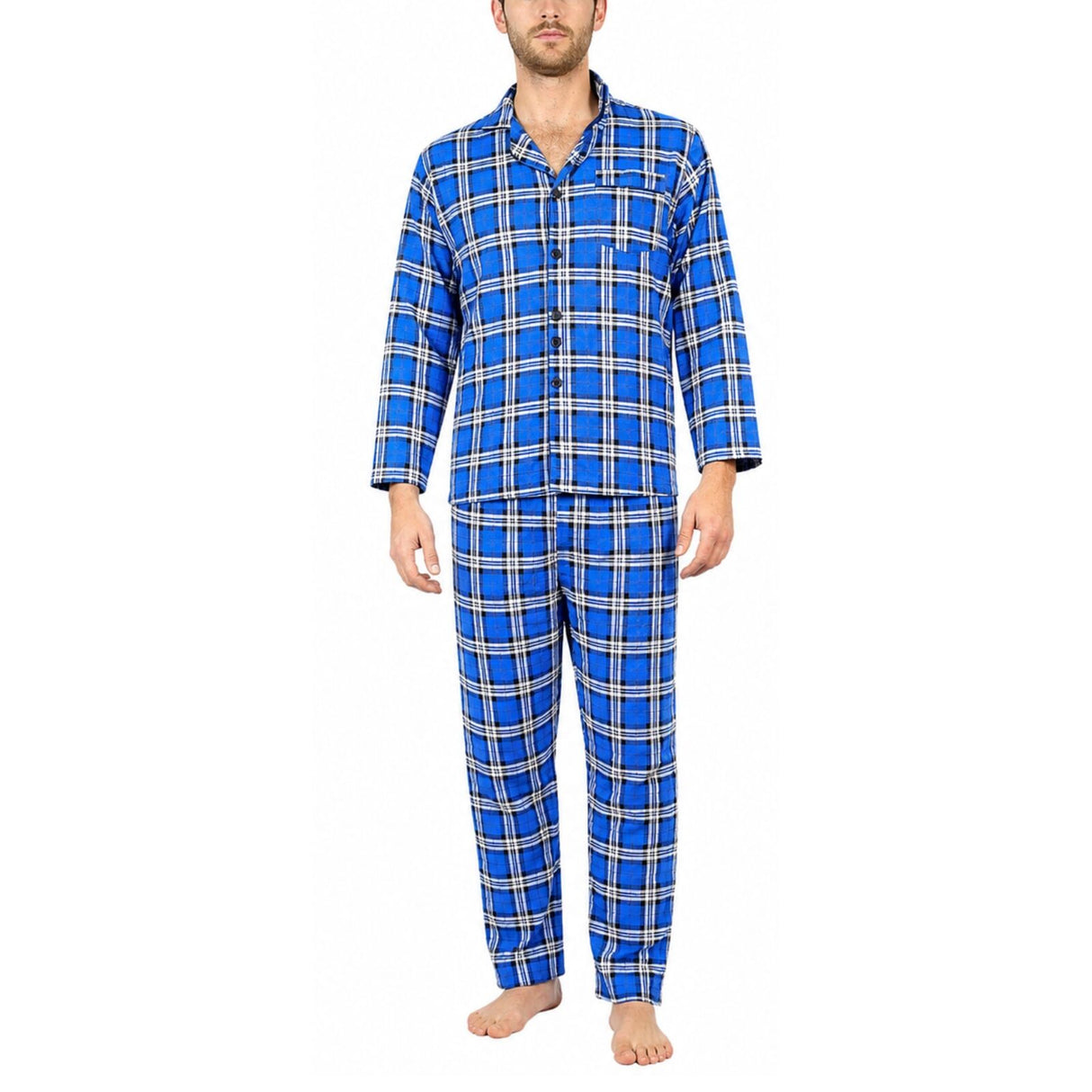 Mens Flannelette Pyjama Set - Blue (100% Cotton Two-Piece Long Sleeve Soft PJs)