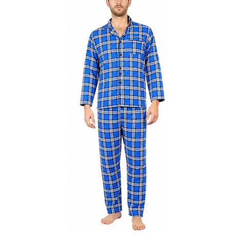 Mens Flannelette Pyjama Set - Blue (100% Cotton Two-Piece Long Sleeve Soft PJs)