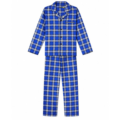 Mens Flannelette Pyjama Set - Blue (100% Cotton Two-Piece Long Sleeve Soft PJs)