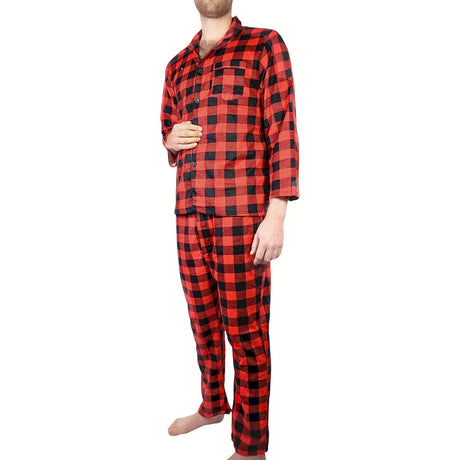 Mens Flannelette Pyjama Set - Red (100% Cotton Two-Piece Long Sleeve Soft PJs)