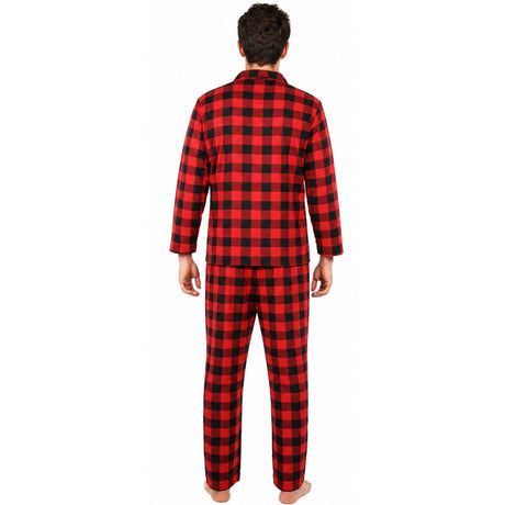 Mens Flannelette Pyjama Set - Red (100% Cotton Two-Piece Long Sleeve Soft PJs)