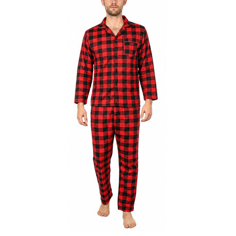 Mens Flannelette Pyjama Set - Red (100% Cotton Two-Piece Long Sleeve Soft PJs)