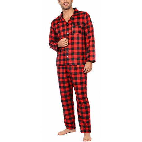 Mens Flannelette Pyjama Set - Red (100% Cotton Two-Piece Long Sleeve Soft PJs)