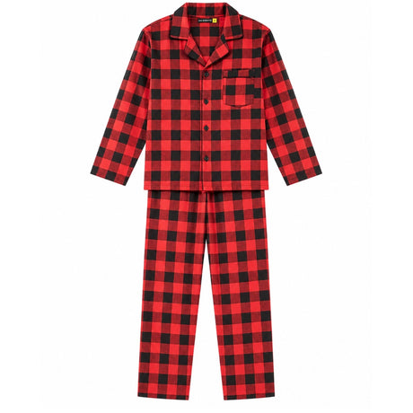 Mens Flannelette Pyjama Set - Red (100% Cotton Two-Piece Long Sleeve Soft PJs)