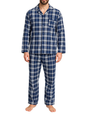 Mens Flannelette Pyjama Set - Blue/White Check (100% Cotton Two-Piece Soft PJs)
