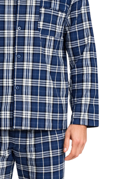 Mens Flannelette Pyjama Set - Blue/White Check (100% Cotton Two-Piece Soft PJs)