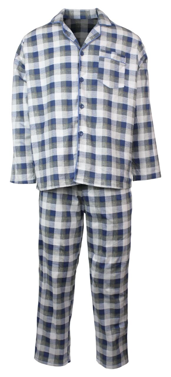 Mens Flannelette Pyjama Set - Light Blue Check (100% Cotton Two-Piece Soft PJs)