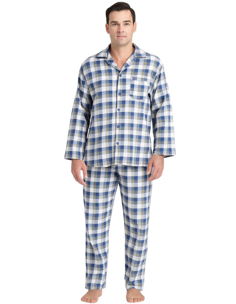 Mens Flannelette Pyjama Set Sleepwear Soft 100% Cotton PJs Two Piece - Light Blue Check - XXL