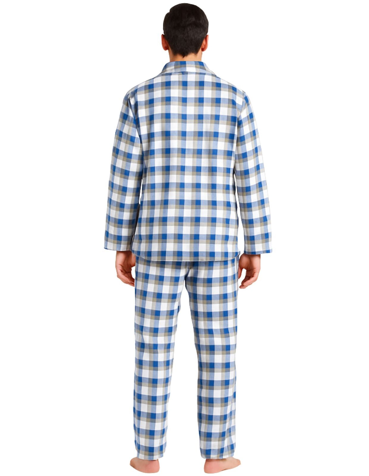 Mens Flannelette Pyjama Set - Light Blue Check (100% Cotton Two-Piece Soft PJs)