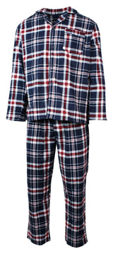 Mens Flannelette Pyjama Set - Navy/Red/White (100% Cotton Two-Piece Soft PJs)