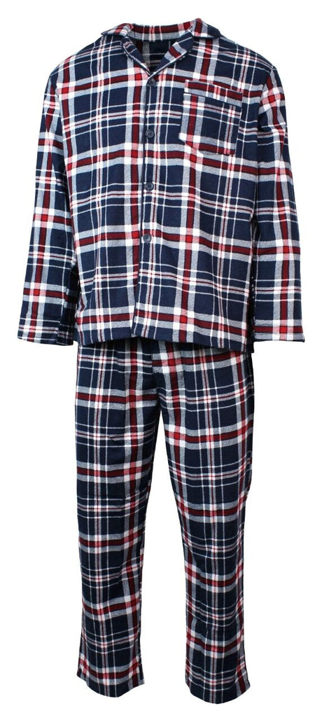Mens Flannelette Pyjama Set Sleepwear Soft 100% Cotton PJs Two Piece - Navy/Red Check - S